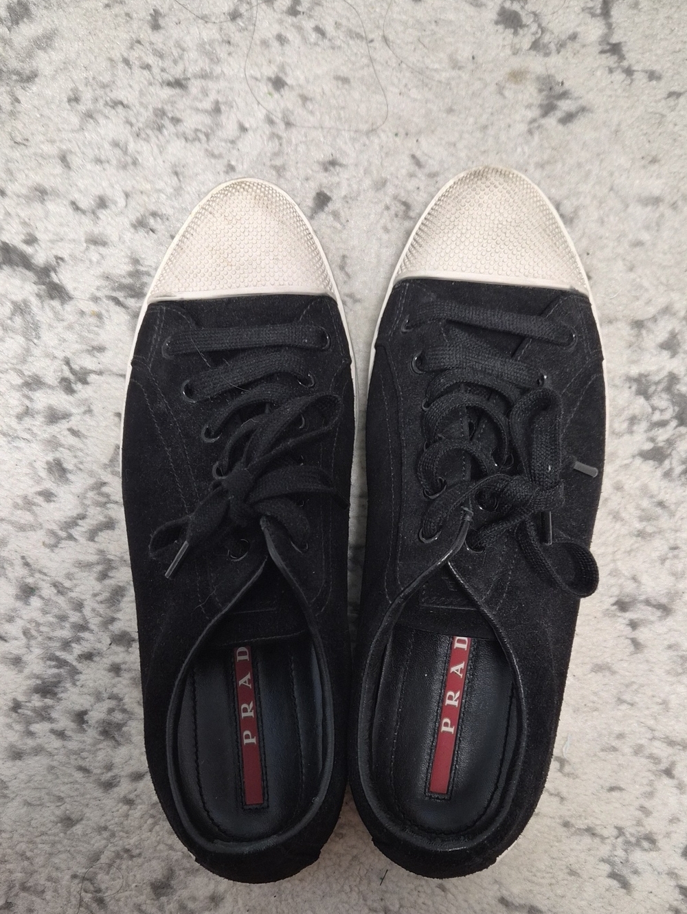 Prada Linea Rossa Black Suede Sneakers with White Toe Cap